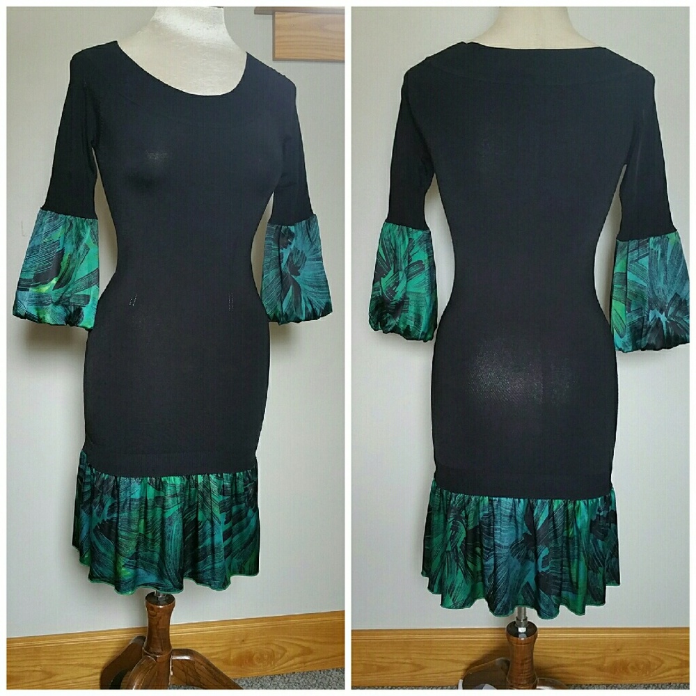bebe Black Dress with Green Teal Leaf Print Ruffle Sleeves & Hem